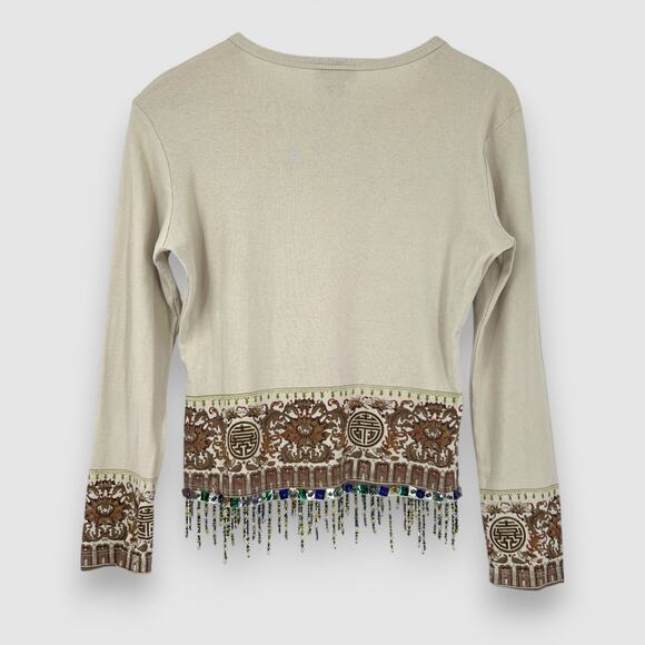 Y2k Cheap Thrill Cottons Embellished Fringe Beaded Long Sleeve Top Size Medium - Picture 2 of 6